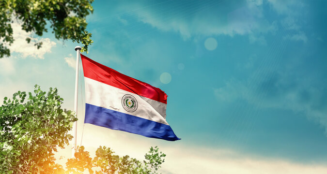 Paraguay national flag waving in the sky behind the tree. The flag blowing with beautiful sunlight. Paraguay national flag for independence day.