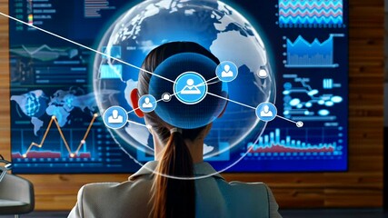Woman analyzing financial data with global network visualization in modern office - Powered by Adobe