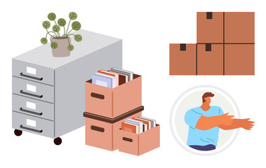 Filing cabinet with potted plant, packed boxes with books, stacked boxes, and an individual stretching arms. Ideal for relocation, office management, organization, storage, minimalism productivity