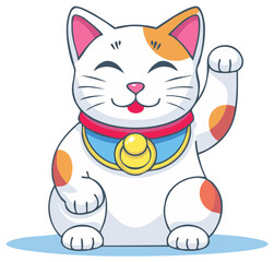 Traditional Japanese Lucky Cat Illustration with Waving Paw and Smiling Face