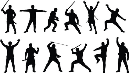 Ninja Warrior Silhouettes Martial Arts Action Poses Set untitled illustration