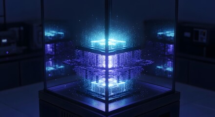 Quantum computer core glowing with futuristic data processing in a modern lab perfect for technology innovation and artificial intelligence concepts