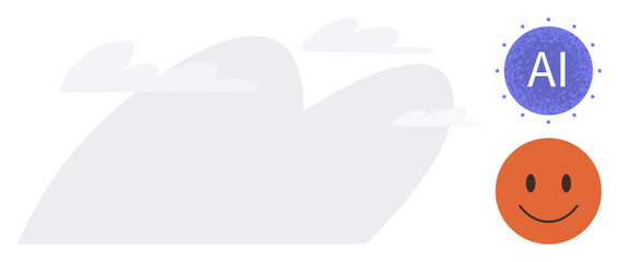 Blue AI icon with dotted accents and orange happy face side by side. Ideal for artificial intelligence, human connection, technology integration, innovation, positivity, emotional intelligence