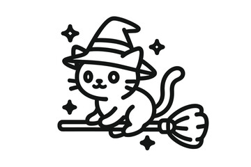 Fototapeta premium Cute cartoon cat wearing a witch hat flying on a magical broomstick for Halloween holiday