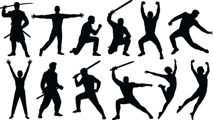 Silhouette Collection Of People In Dynamic Poses With Swords On White Background woman male