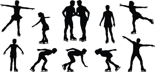 Silhouettes of Figure Skaters Performing Various Moves on White Background Keywords: figure skating, ice skating, skater