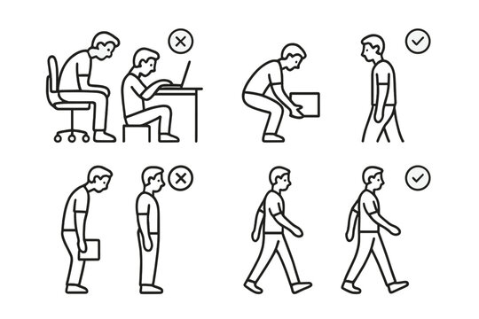 Proper and improper posture guide for sitting, standing, lifting, and walking activities