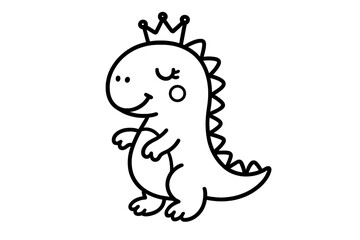 Obraz premium Cute smiling dinosaur character wearing a royal crown black and white line art