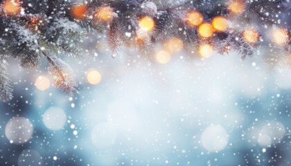 Fototapeta premium Christmas winter blurred background. Xmas tree with snow decorated with garland lights, holiday festive background. Widescreen backdrop. New year Winter art design, wide screen holiday border