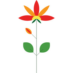 Stylized Red Orange Yellow Flower With Green Leaves And Bud On White Background Abstract Floral Design
