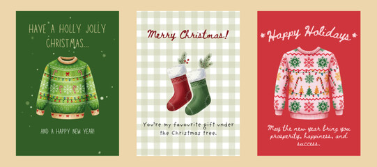 Printable Watercolor Christmas Cards Collection. Greetings Postcards. Beautiful Watercolor illustrations. A6 Size Format. Happy Holidays. Ugly Sweater - Christmas Stockings.