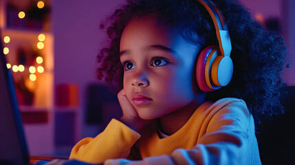 African American girl engaged in online learning with headphones in a cozy home environment