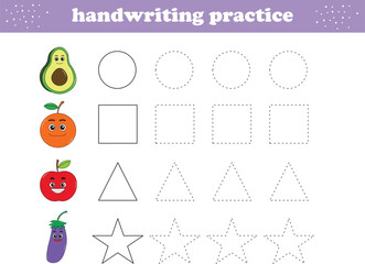 Handwriting Practice. Tracing lines of different shape for kids with fruits. Vector Illustration
