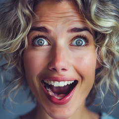 Excited woman with curly hair expressing joy and enthusiasm in a vibrant, cheerful atmosphere