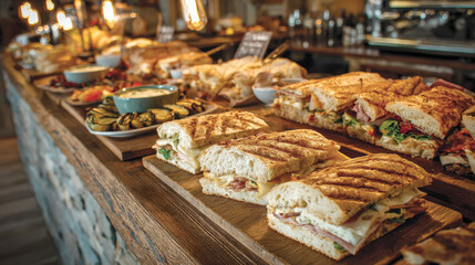 prepared food, including grilled panini sandwiches, wraps, salads, and side dishes on rustic wooden boards, bathed in warm interior lighting. Catering or cafe food service concept.