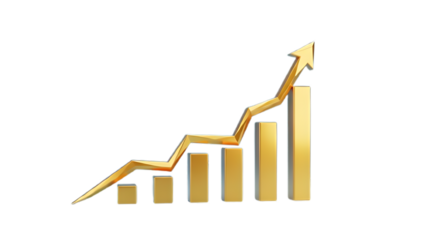 Golden bar graph with upward trending arrow isolated on transparent background