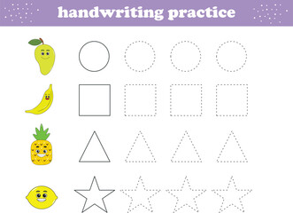 Handwriting Practice. Tracing lines of different shape for kids with fruits. Vector Illustration