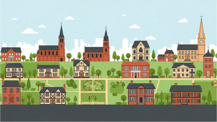 Illustration of a charming town with houses and churches on green hills