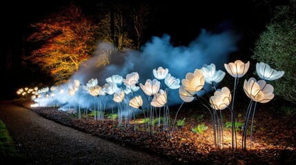 A pathway curves through a garden at night, lined with illuminated flower sculptures. Smoke drifts through the scene, creating a mystical atmosphere.