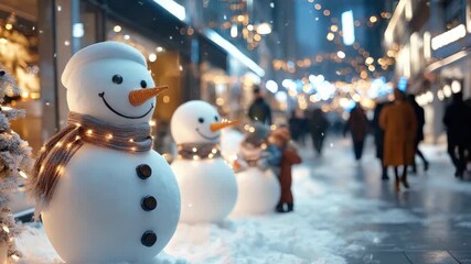 Happy snowmen adorned with glowing scarves line a busy city street in the evening as shoppers enjoy a soft snowfall, adding to the joyful holiday spirit - Powered by Adobe