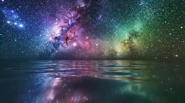 A serene lakes calm surface reflects the vastness of space, capturing the concept of undercurrents where tranquility meets celestial beauty, perfect for backgrounds or contemplative themes in 4K.