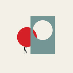 Business concept vector illustrationof problem solving, finding the perfect fit and project completion. Silhouette of a man pushing a red circle into a matching hole to finish a task.