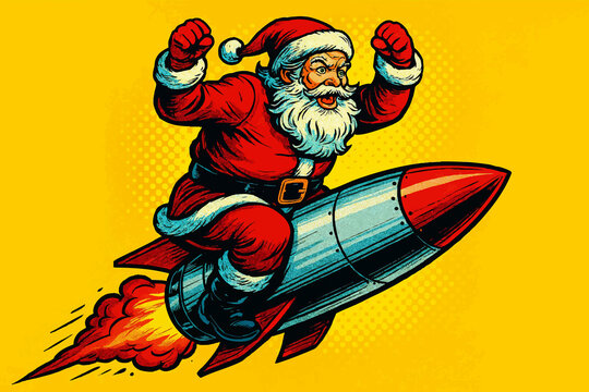 Santa Claus riding a rocket with fists raised, combining holiday cheer with speed and excitement. Generative ai raster colorful pop art illustration.
