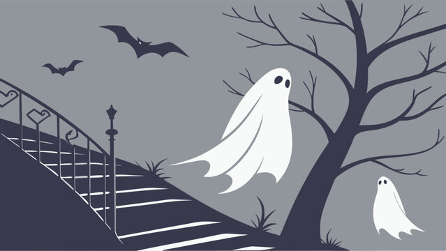 Haunted Halloween Night Scene with Floating Ghosts, Flying Bats, and Spooky Bare Tree Illustration for Seasonal Promotions, Web Design, and Party Invitations.