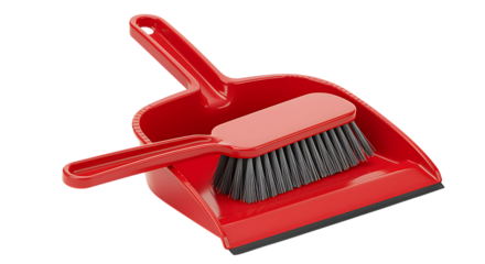 A vibrant red dustpan and brush set plastic cleaning tools on transparent background.