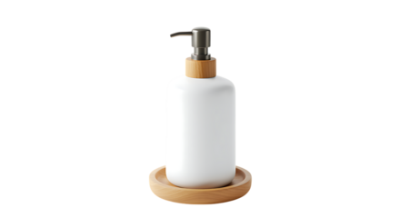 Elegant white soap dispenser with bamboo accents and tray on transparent background.