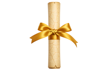 Golden scroll with a yellow ribbon bow elegant design on transparent background.