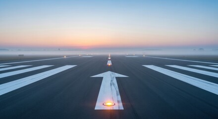 A serene runway at dawn, stretching into the distance, flanked by soft fog and pastel hues of sunrise, highlighting the markings and lights that guide aircraft safely