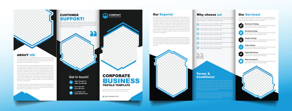 Corporate trifold brochure design template, Modern, Creative and Professional tri fold brochure vector design. Simple and minimalist promotion layout.