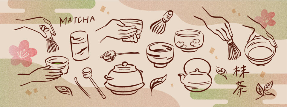 和風の筆ブラシ風の抹茶と茶葉などのお茶を立てる道具の手描きベクターイラスト素材セット Hand-drawn vector illustration set featuring matcha bowls, tea whisks, tea leaves, and more.