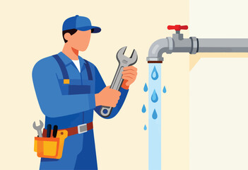 A plumber, in blue uniform and cap, holds a wrench near a faucet with dripping water