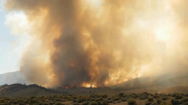 Wood Stork Flying Through Thick Smoke From Forest Wildfire
