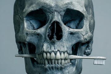 Human Skull with Toothbrush in Mouth Dark Gray Background Medical Anatomical Model