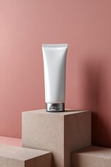 White Cosmetic Tube on Beige Block in Minimalist Studio Setting