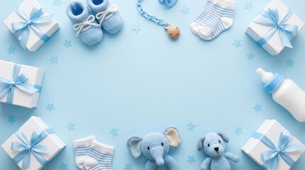 Blue Baby Shower Border Frame with Gifts, Booties, and Toy Rattle on Pastel Blue Background, Gender Reveal Concept