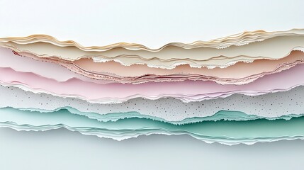 Abstract background of layered, torn paper in pastel shades of cream, peach, pink, and teal, with subtle speckles on one layer. Soft lighting.