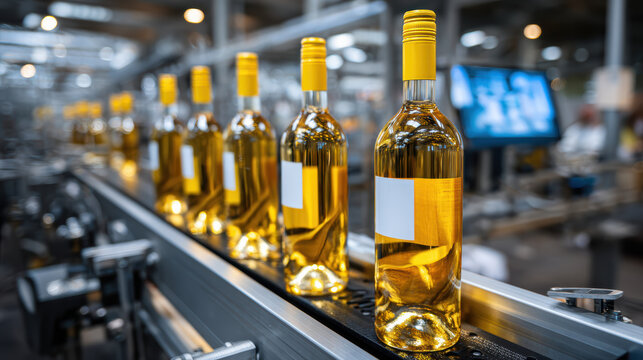 Efficient bottling process of yellow capped bottles on beverage factory production line. An automated conveyor in an industrial facility