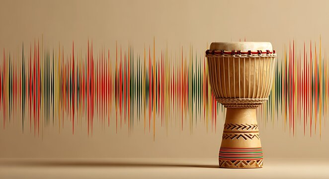A traditional djembe drum with sound waves as a vibrant background