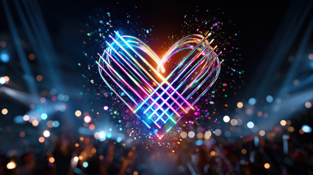 Vibrant glowing heart logo for song contest music festival. colorful light on stage creates passionate and celebratory concert show