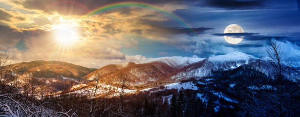 winter panorama of forested mountains with snowy tops under cloudy sky. day and night time change concept. wonderful nature landscape with sun and moon at twilight. harmony and progress calendar