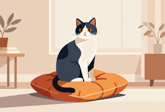 A black and white cat sits on an orange pillow in a beige-colored room. Plants and small tables surround