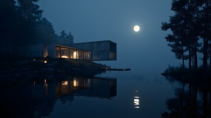 Fototapeta premium Modern house on the lake at night under a full moon, surrounded by trees and reflecting in the water.