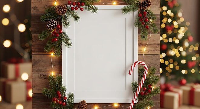 A blank white frame is decorated with festive Christmas elements, ready for a holiday message.