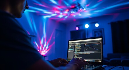 A person uses a computer to manage the lighting in a concert hall
