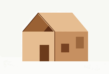 Illustration of a simple, two-tone house with dark door, windows, and roof on a white background