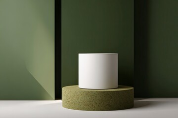 Minimalist White Cylinder on Green Round Pedestal in Modern Interior